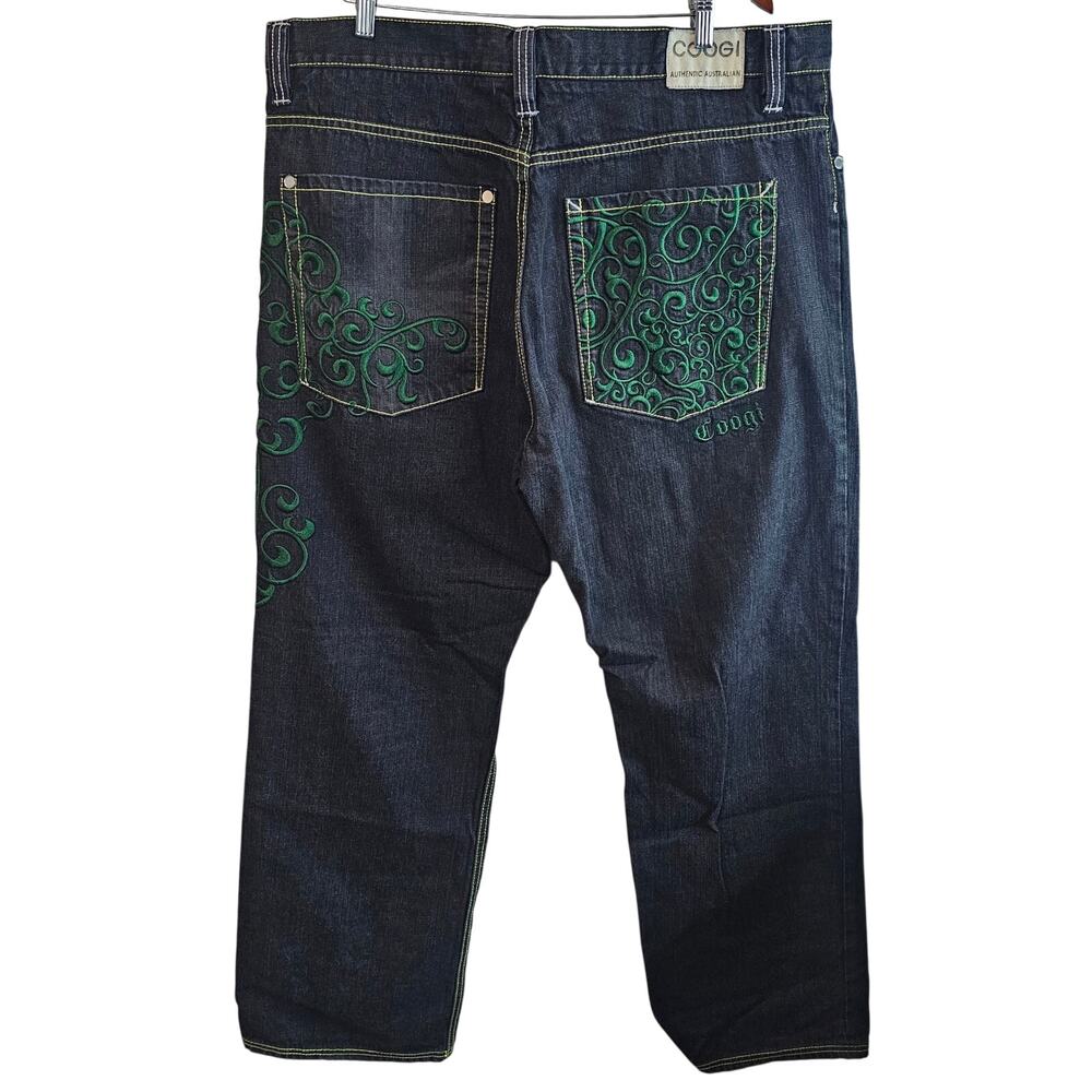 Vintage Coogi Jeans Mens 42x35 Baggy Embroidered Green Scroll Y2K Hip Hop Denim